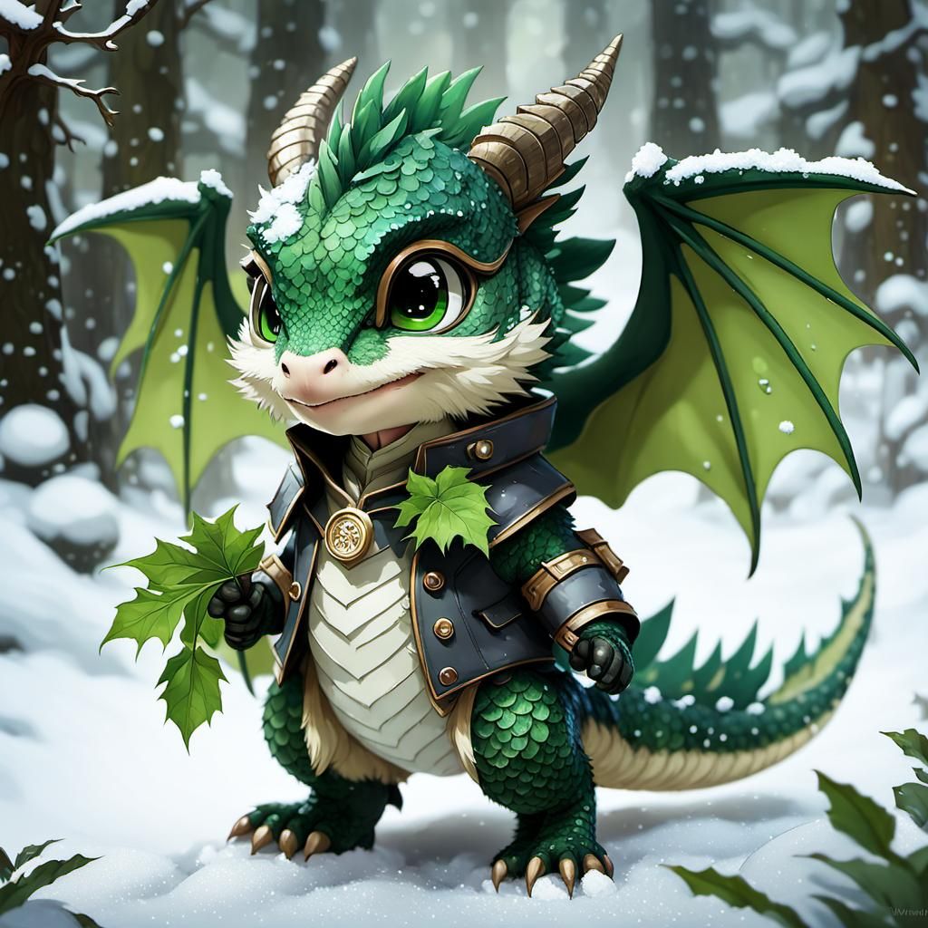 Chibi Dragon Detective in Snowy Scene