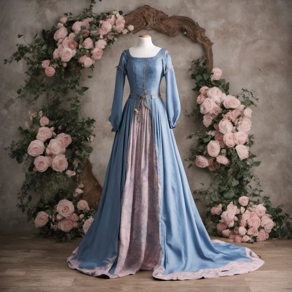 Medieval Blue Dress with Rose Pattern on Form