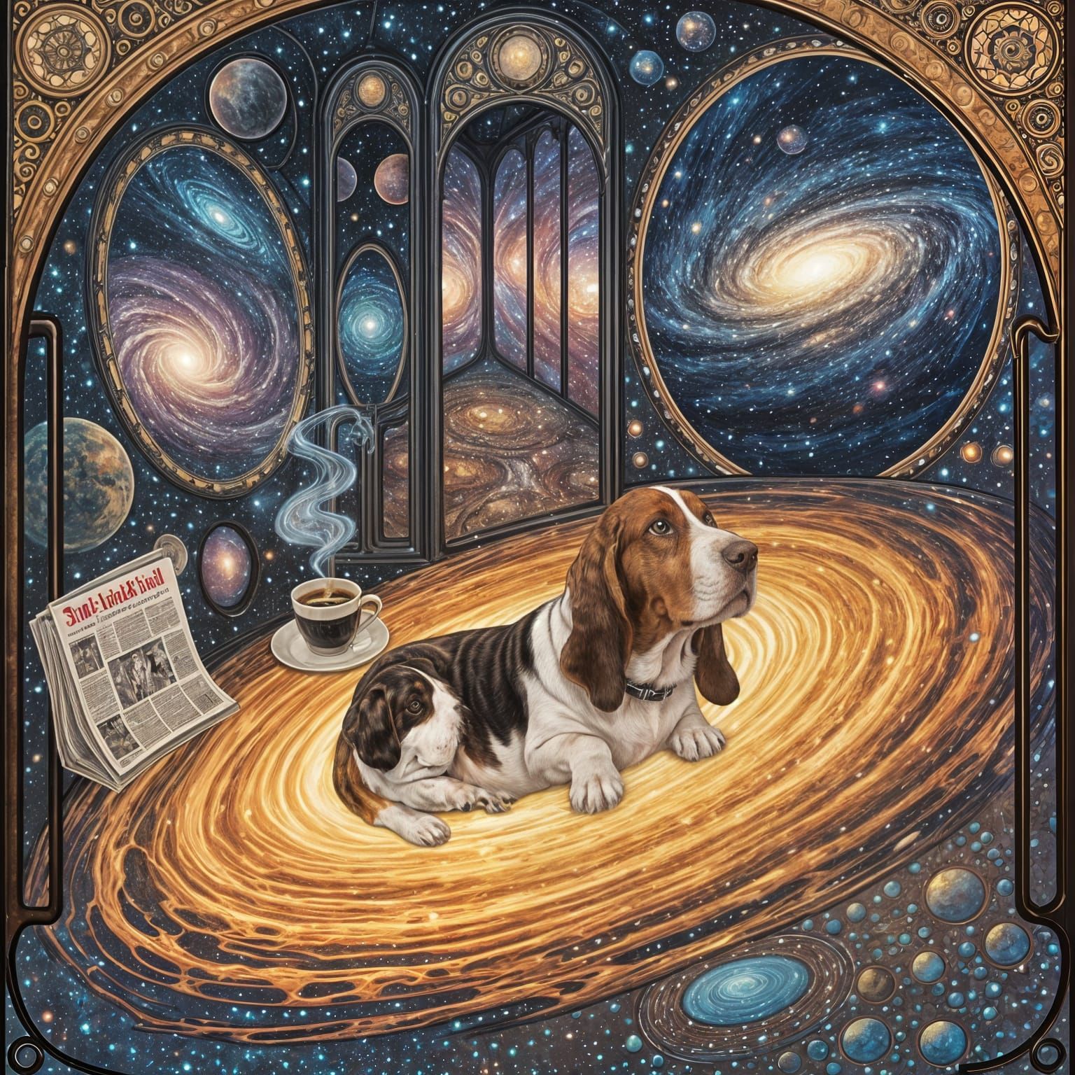 Basset Hound in Event Horizon with Alien Galaxies