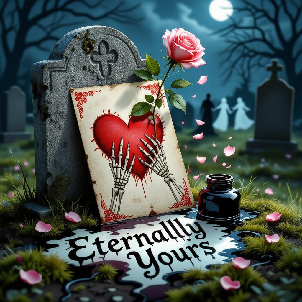Victorian Valentine & Ghostly Embrace in Moonlit Cemetery