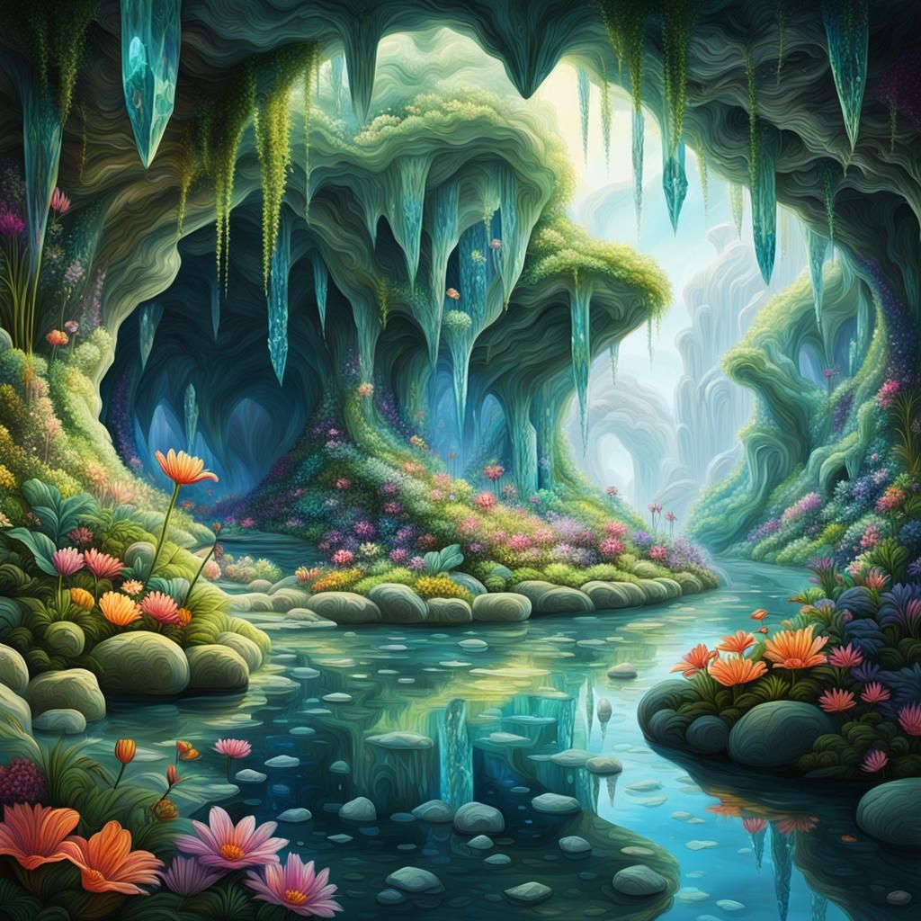 Vibrant Surrealist Oasis Under Crystal Cave