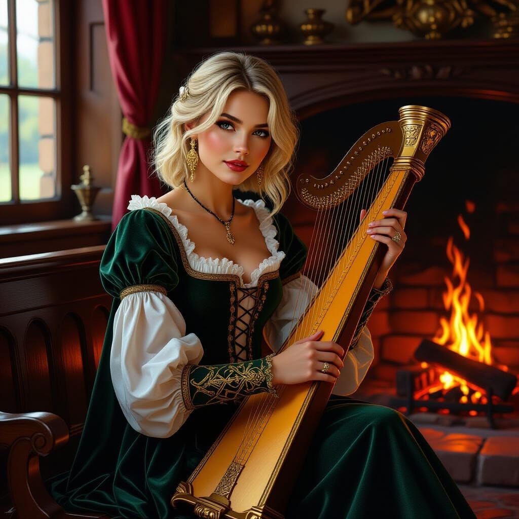 Renaissance Woman with Harp by Tavern Fire