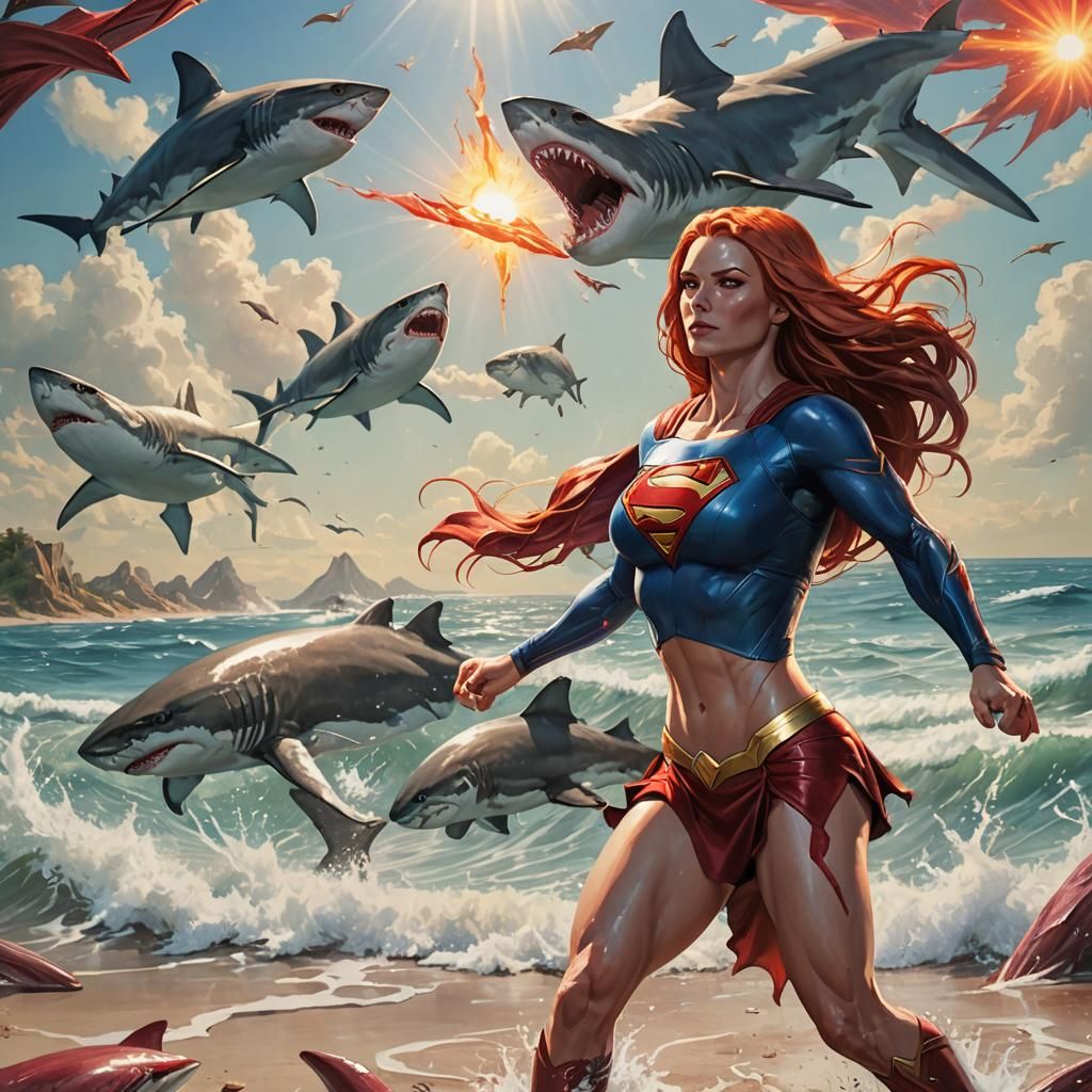 Supergirl Battles Shark on Tropical Beach