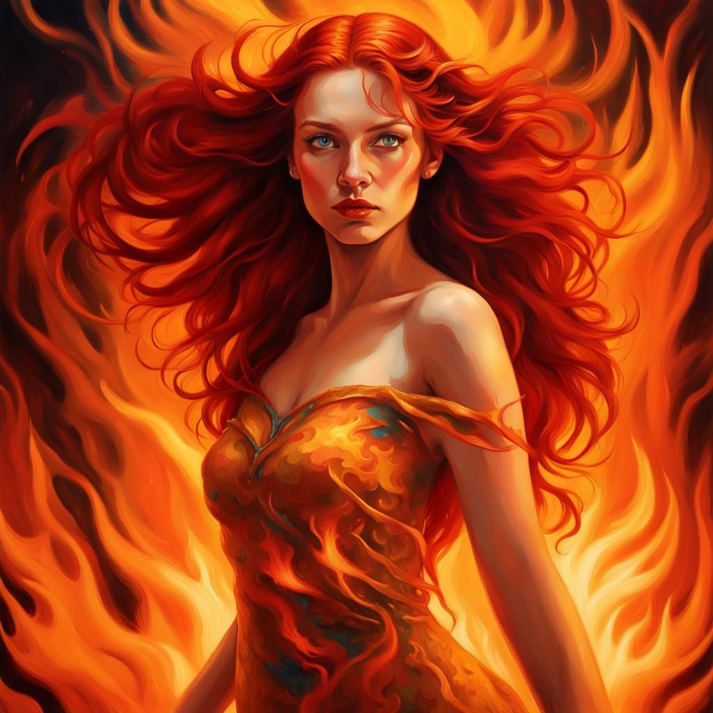Ethereal Woman with Fiery Hair in Surreal Portrait