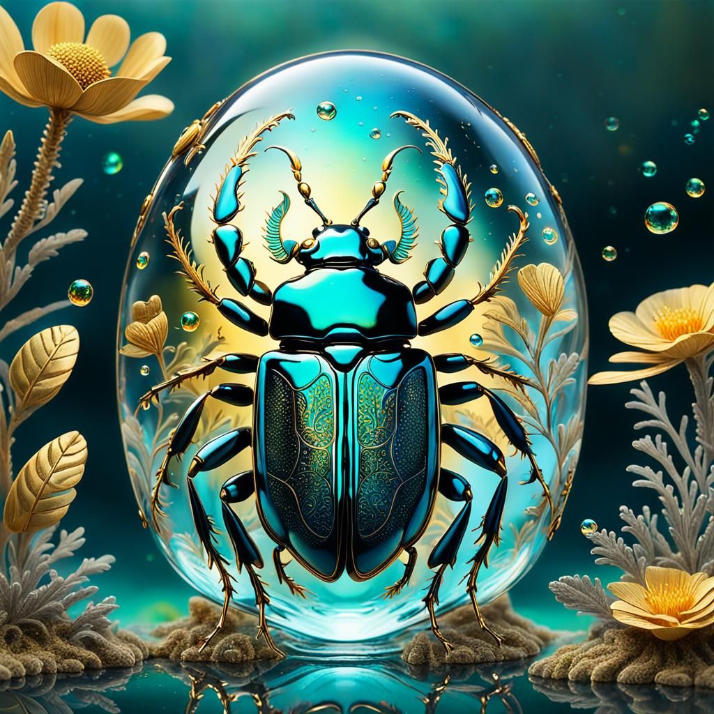 Metallic Beetle Encapsulating a Miniature Underwater World
