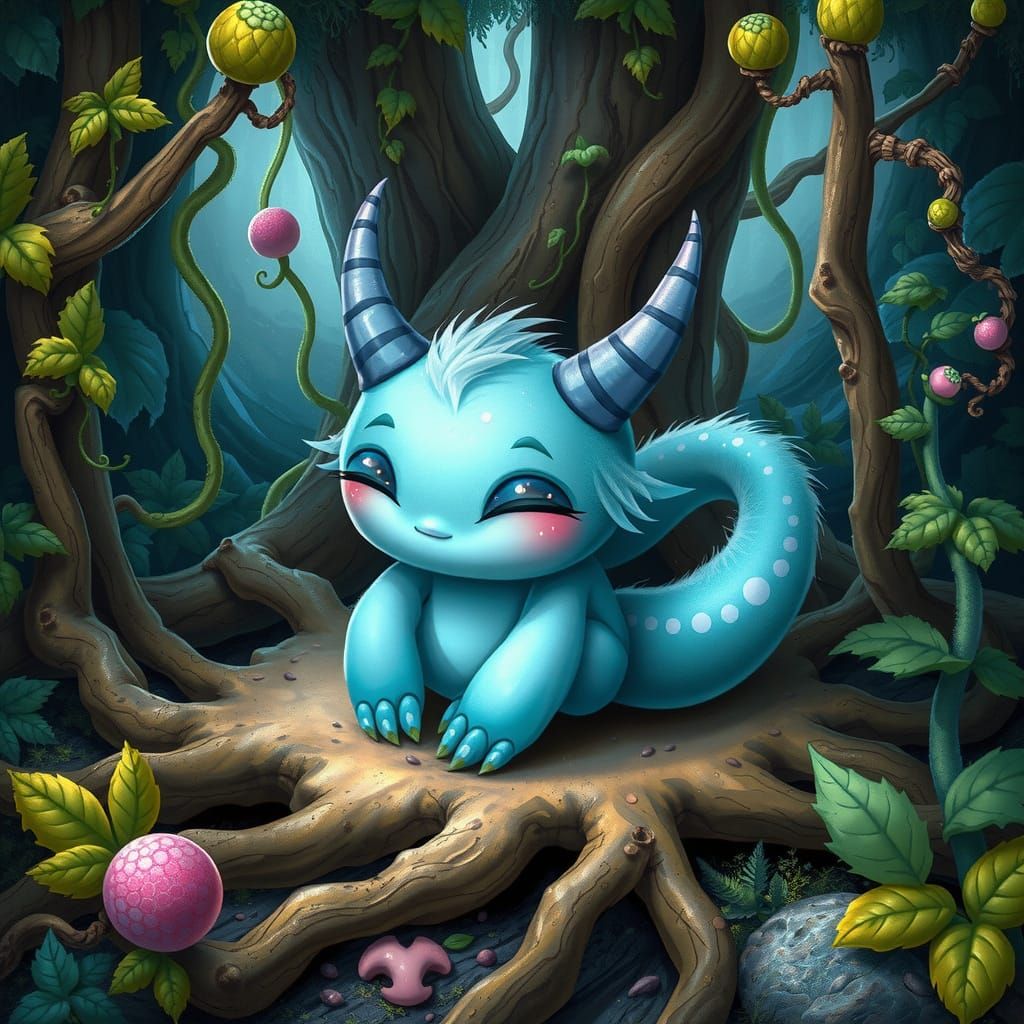 Whimsical Blue Berry Monster in Fantastical Garden Setting