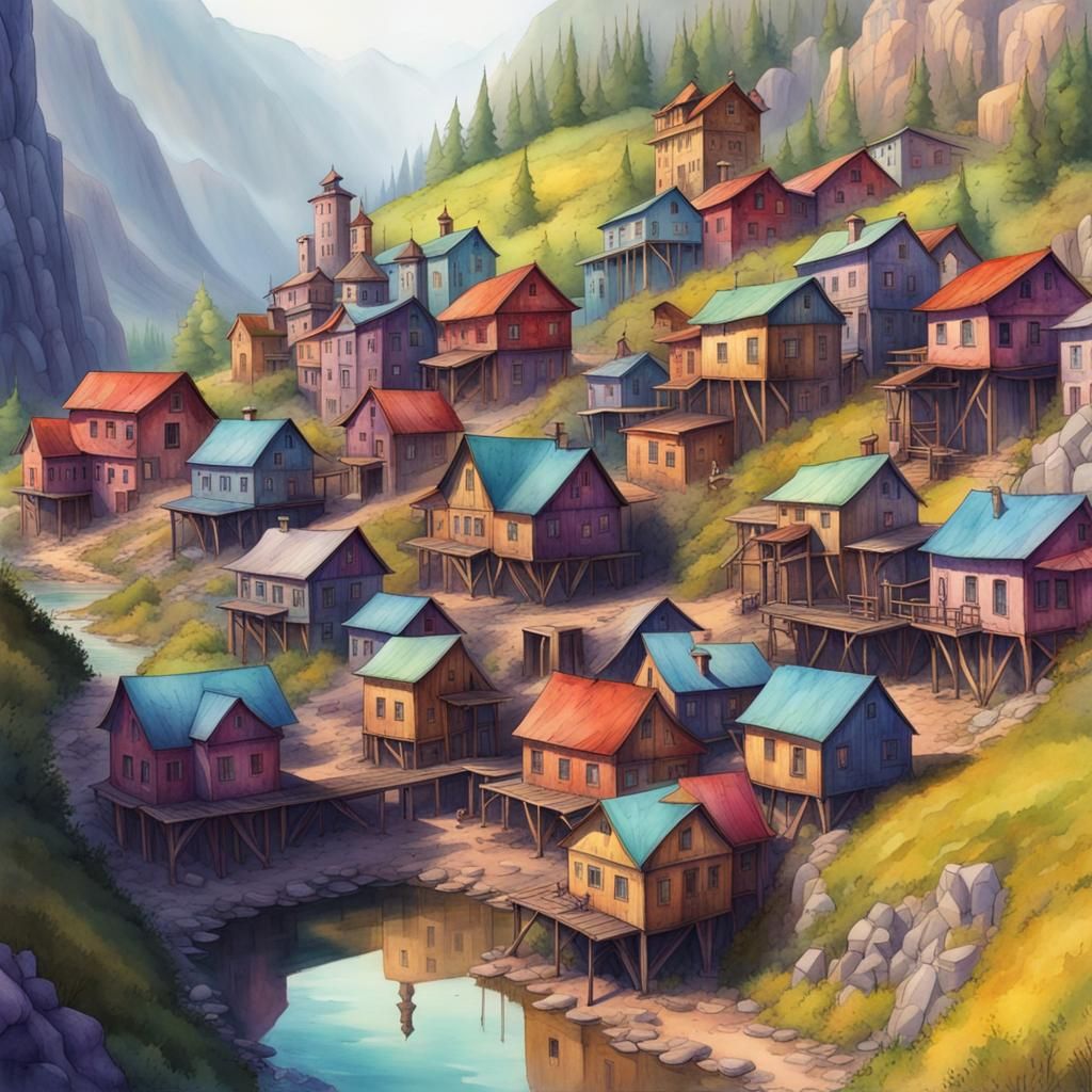 Utopian Mining Town in Dreamcore Watercolor Style