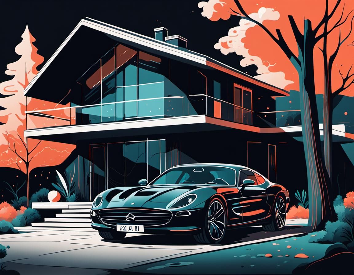 Modern Country House Illustration in Monoline Art Style