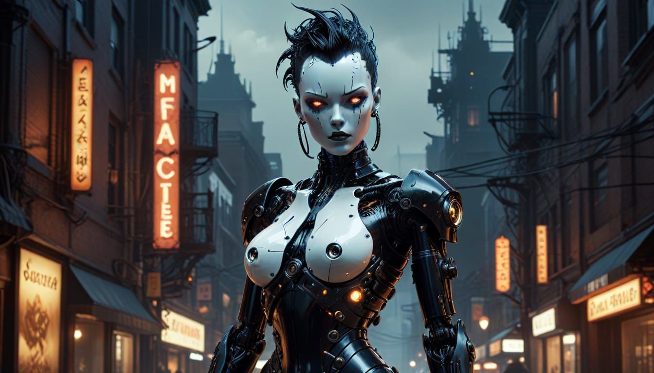 Gothic Gynoid Robot in Cyberpunk City