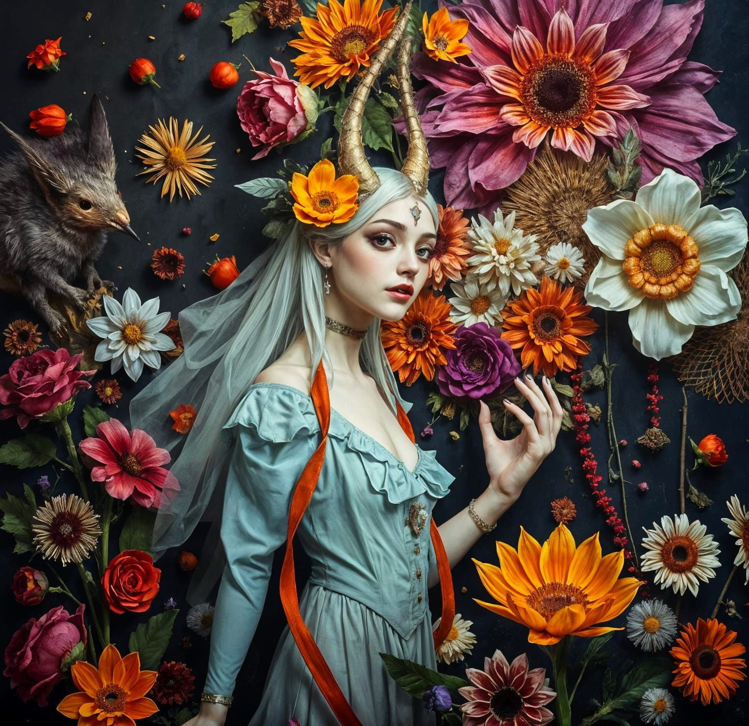 Detailed Dark Fantasy Portrait with Floral Elements