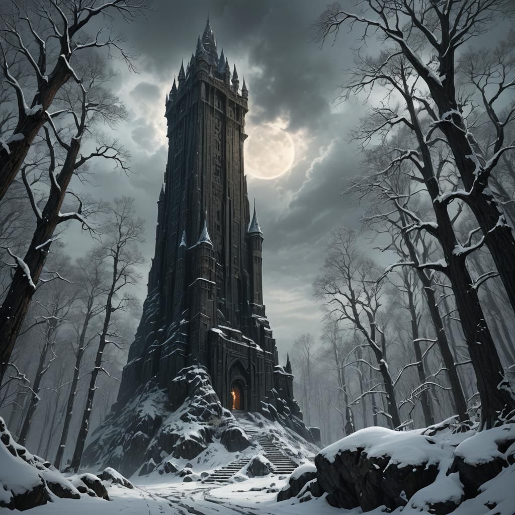 Dark Tower in Snowy Forest: Fantasy Concept Art