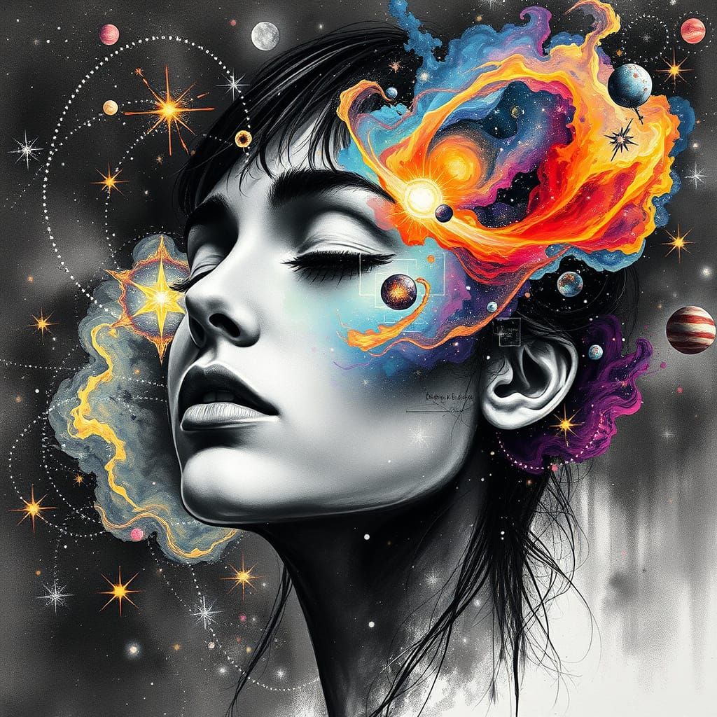 Ethereal Cosmic Goddess in Charcoal and Color