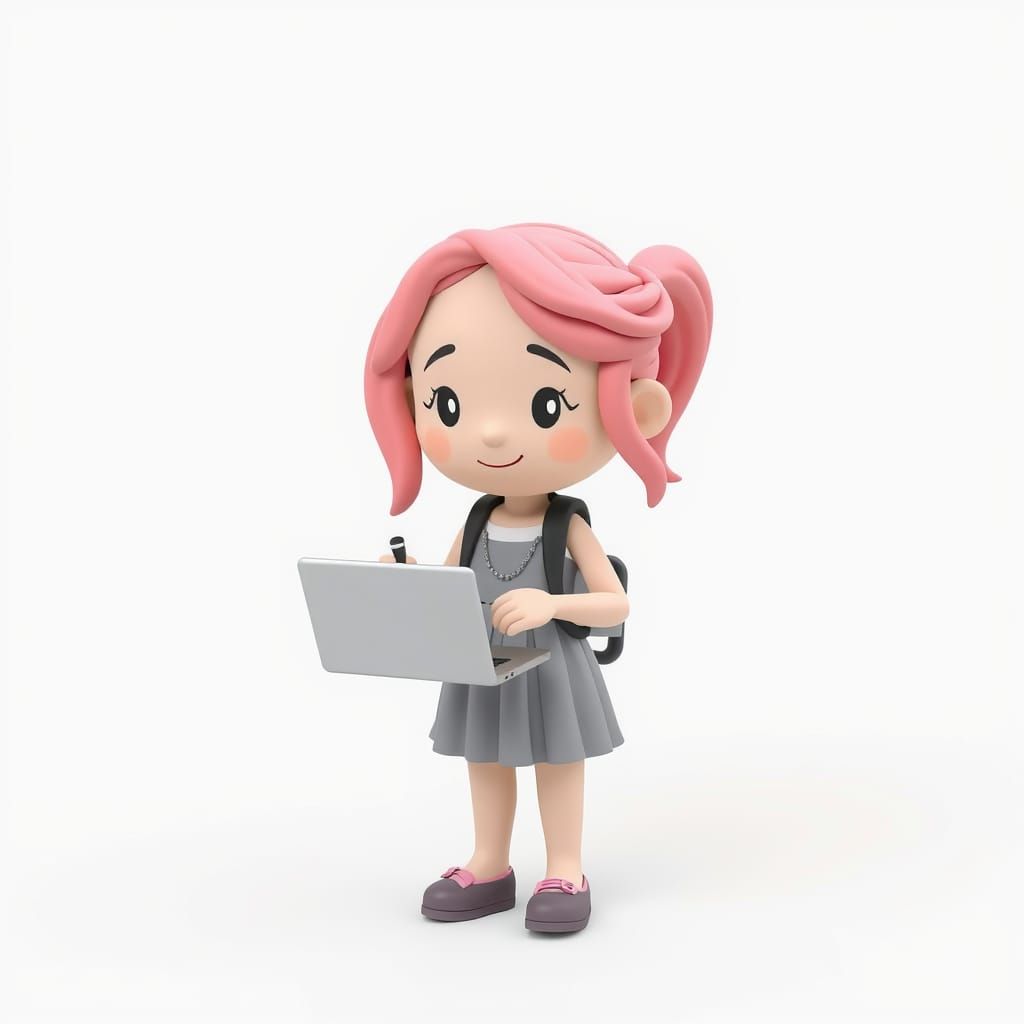 Kawaii Clay Woman with Laptop in Pastel Colors
