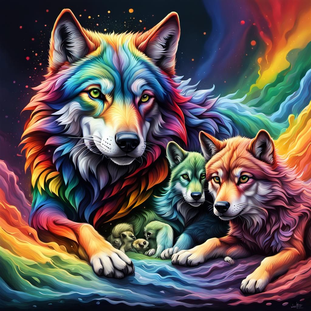 Rainbow Wolf Protecting Pups: Hyperrealistic Splash Art