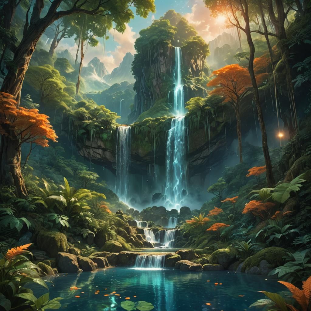 Ethereal Mountain Forest Waterfall in Fantasy Concept Art