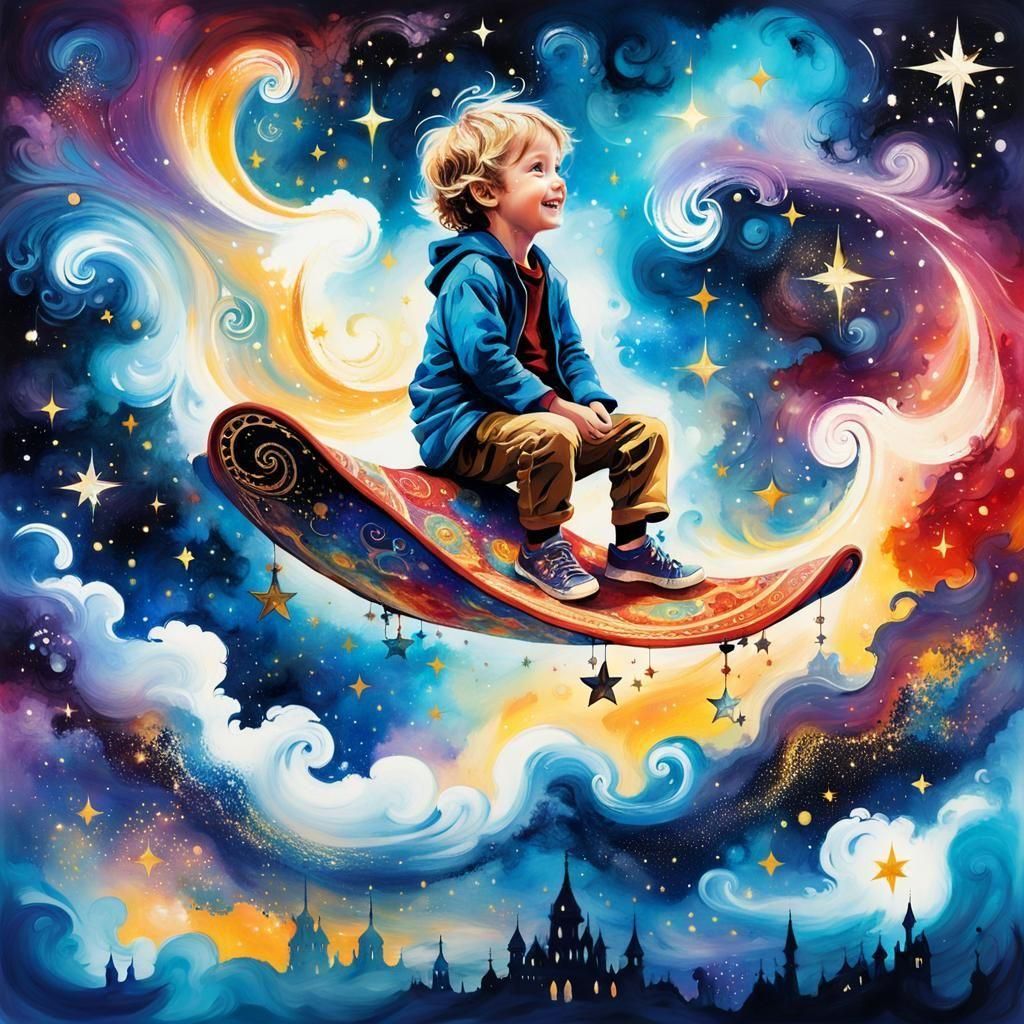 Child's Magic Carpet Ride Through Celestial Nebula