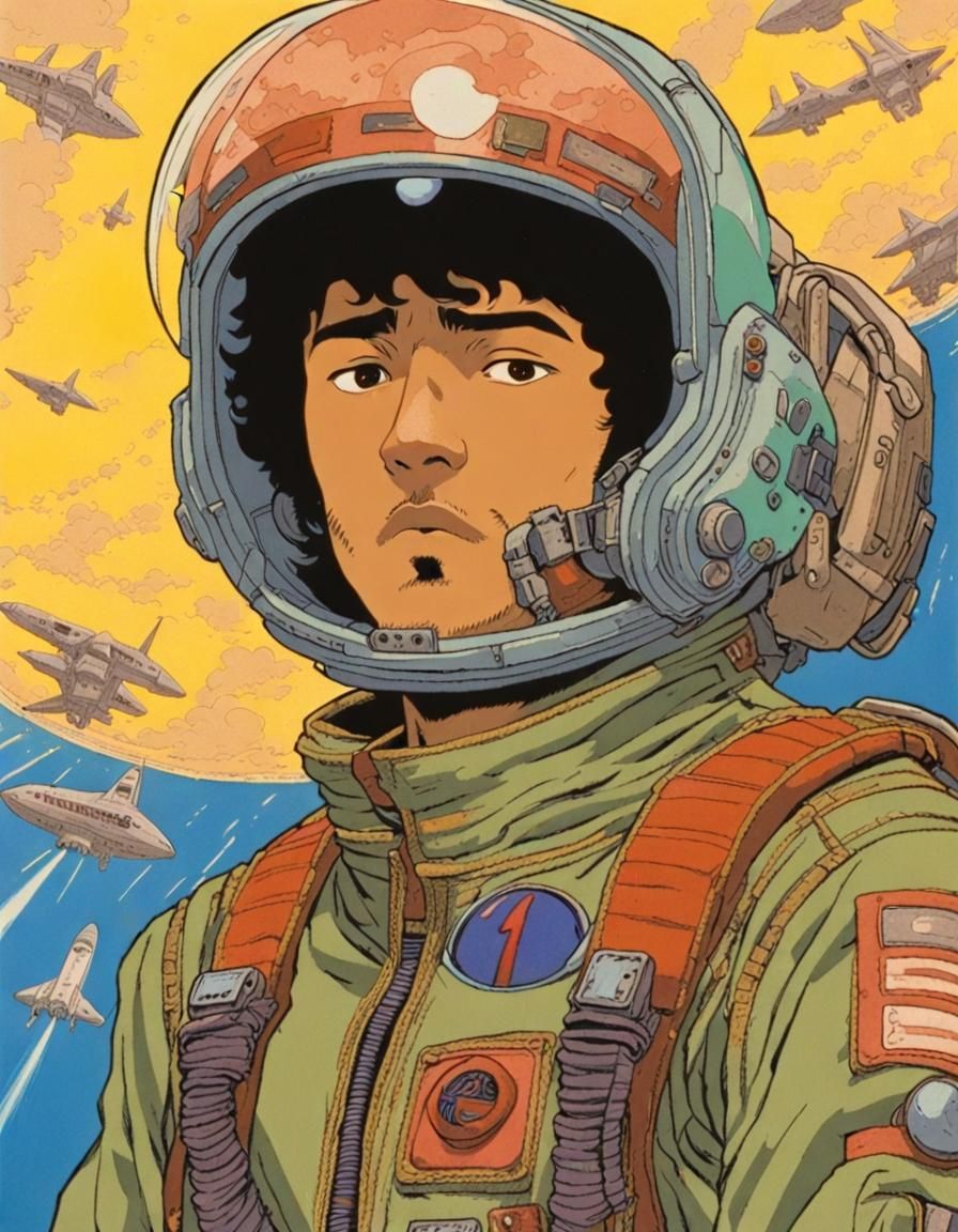 Rebellious Space Pilot in Retro-Futuristic Starship