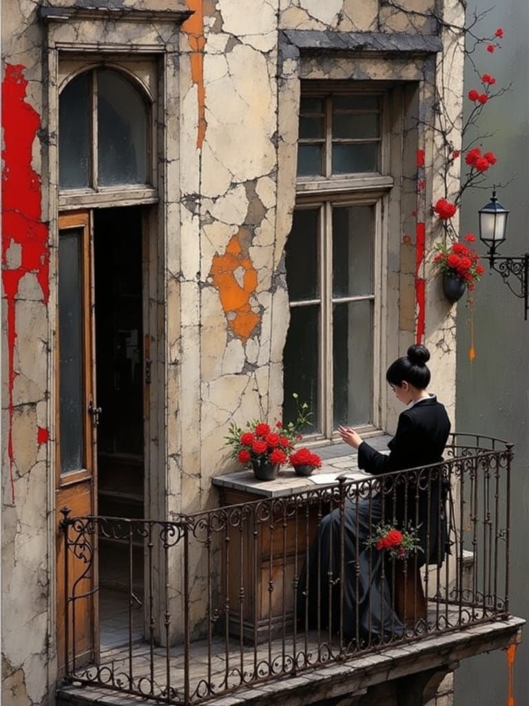 Elegant Lady on Balcony in Art Nouveau Style