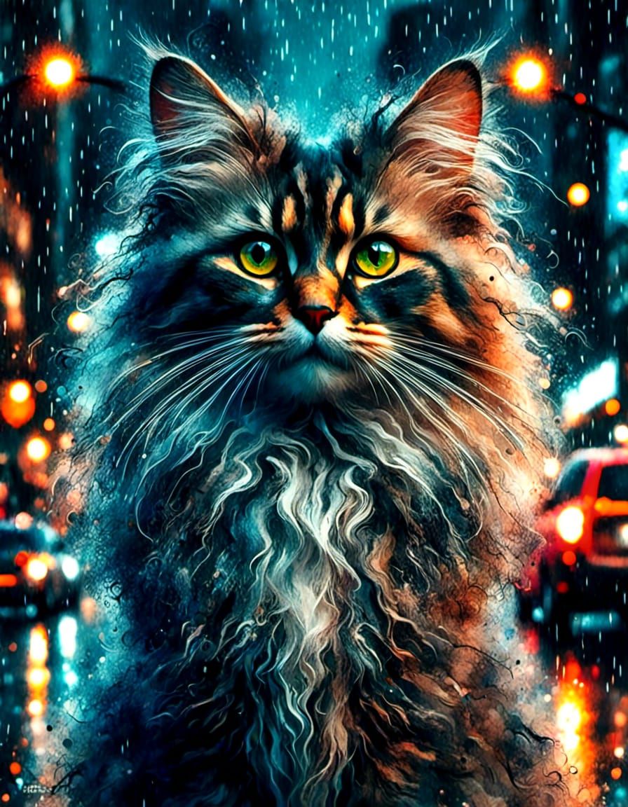 Happy Cat on Rainy City Street