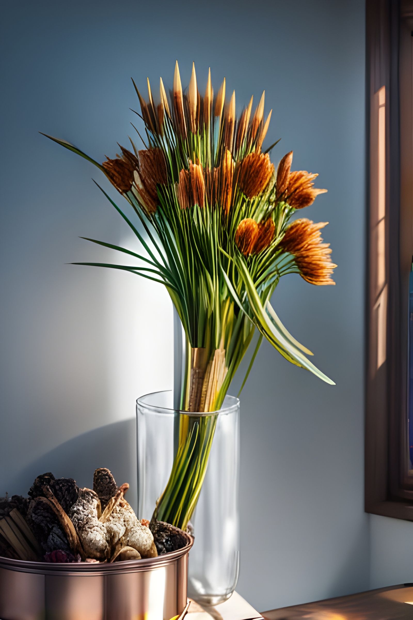 Radiant Exotic Flowers in Copper Bucket, Photorealistic Styl...