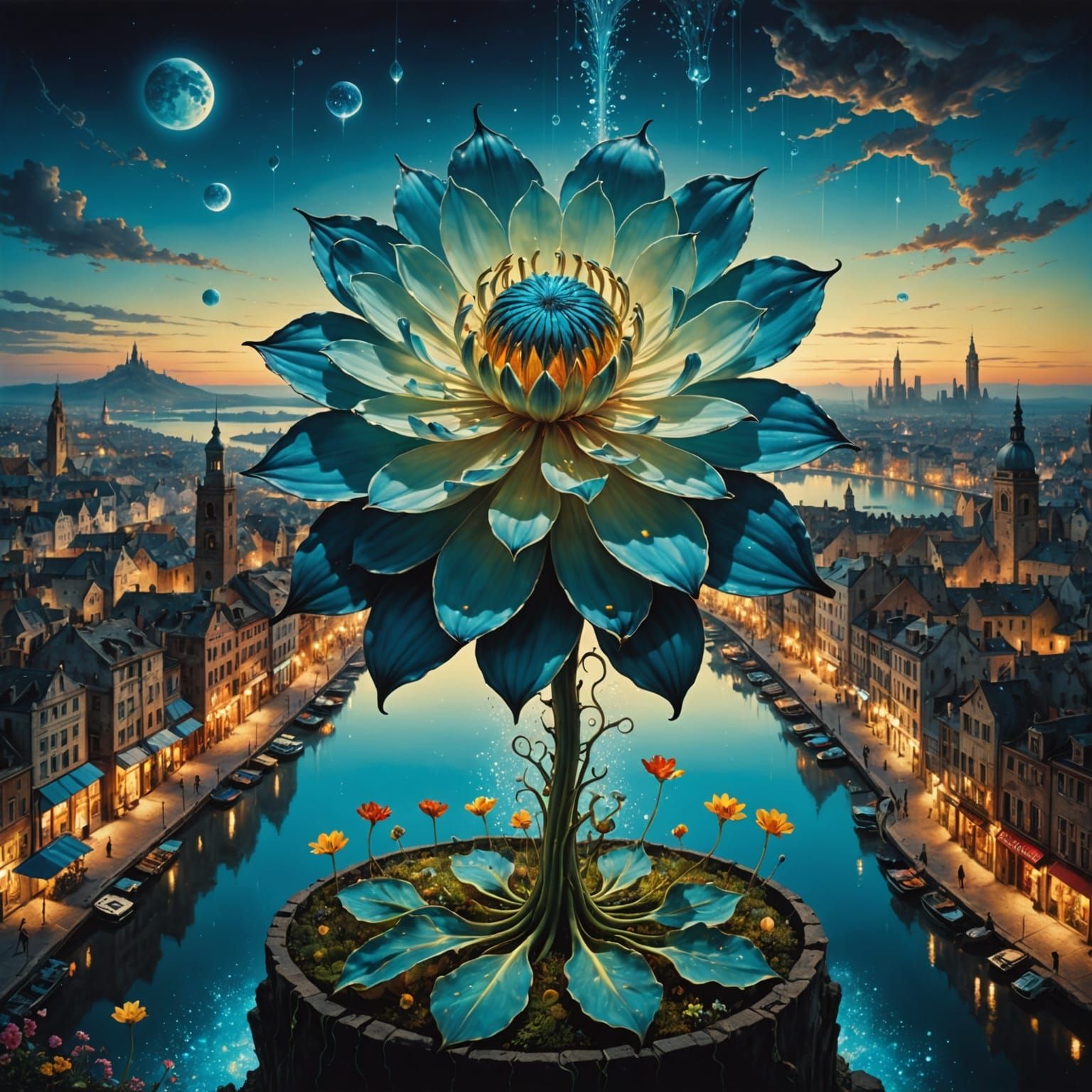 Bioluminescent Flower Blooms Over Miniature Cityscape