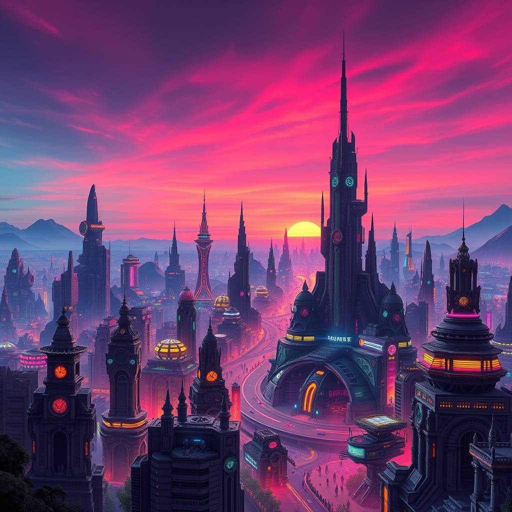 Vibrant Distant Metropolis at Sunset