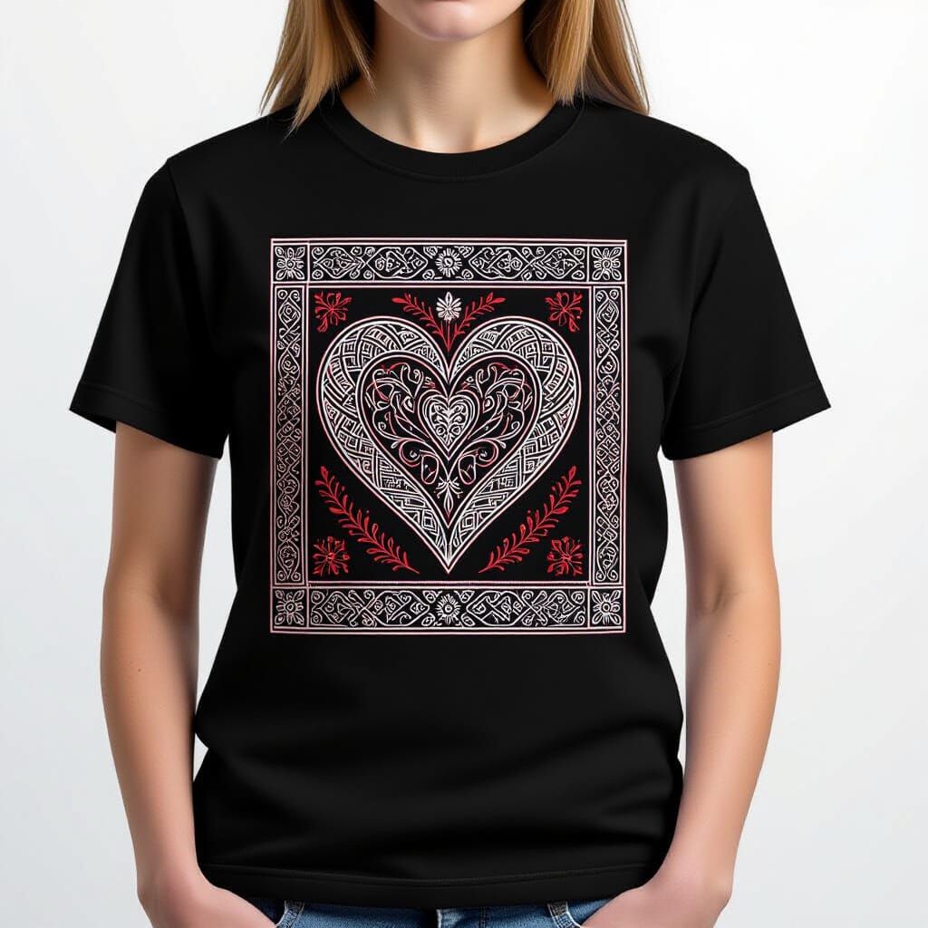 T-Shirt Featuring Heart with Slavic Patterns