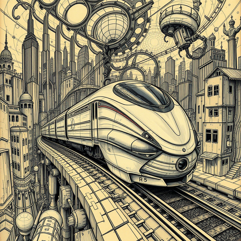 Futuristic Train Slices Through Dystopian Cityscape as Heavy...