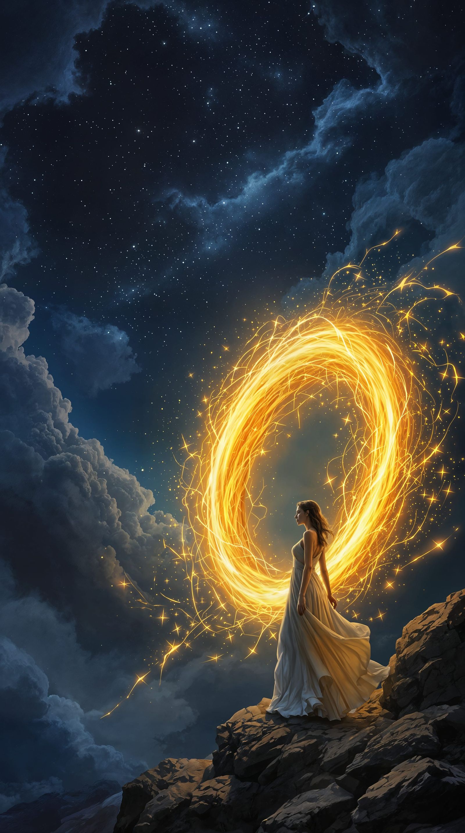 Dramatic Fantasy Woman Interacts with Golden Energy Ring und...