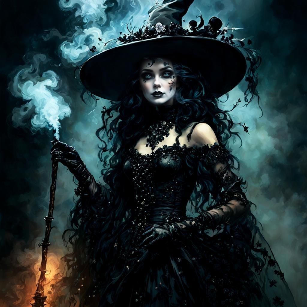 Dark Witch in Iridescent Mist, Dark Fantasy Art