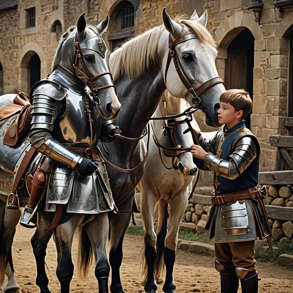 Knight Teaches Apprentice Horse Grooming