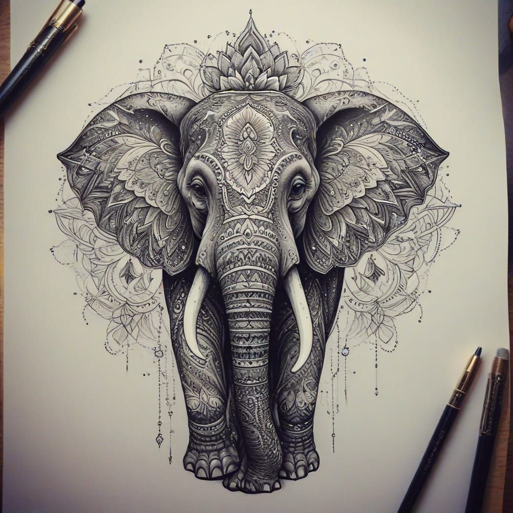 Elegant Ornate Elephant Tattoo Design in Black and White
