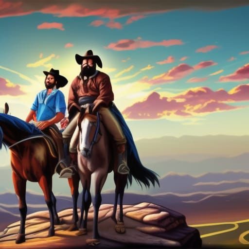 Cowboys at Sunset: A Hyperrealistic Western Scene