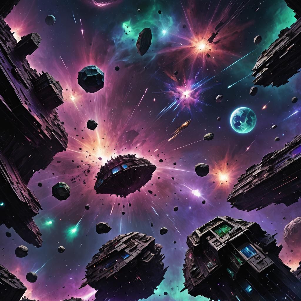 Crystal Nebula with Shattered Starships in Detailed 3D