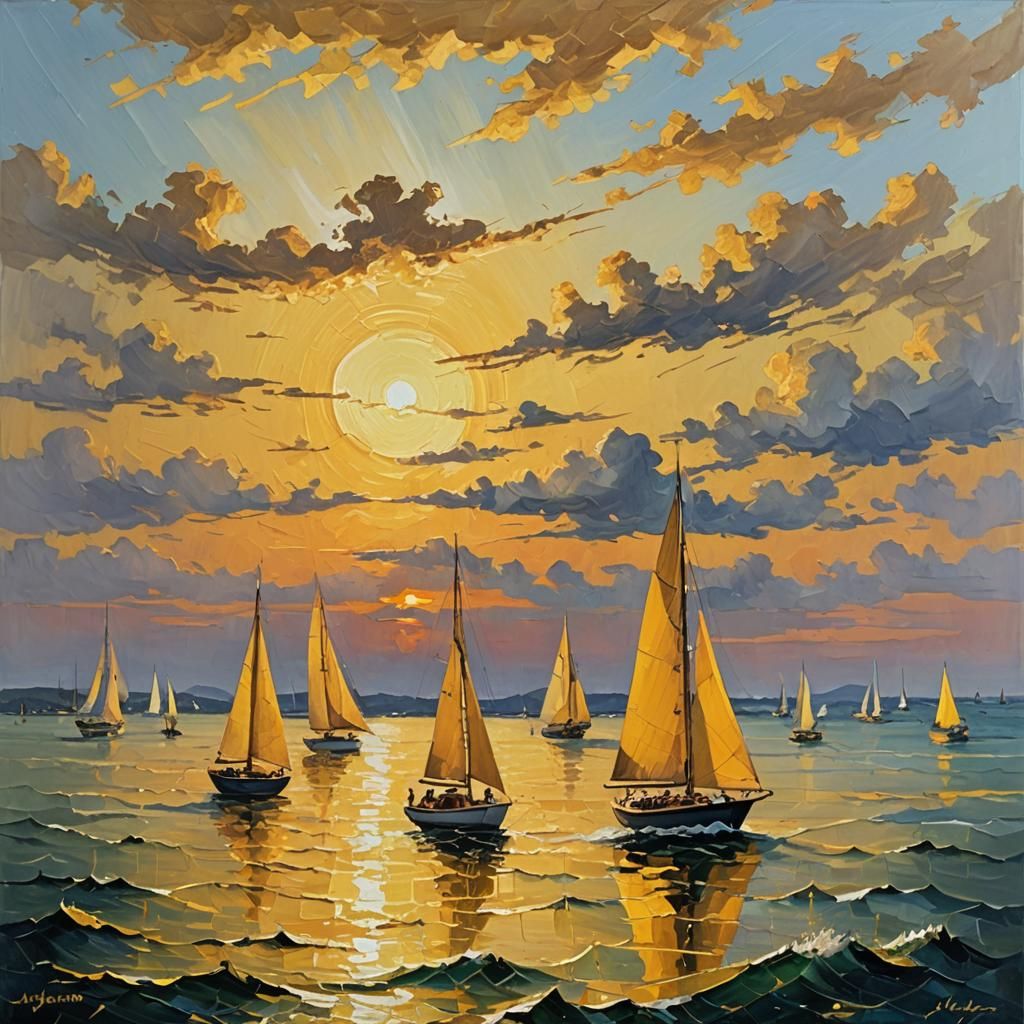 Sunset Sailboats: Glimmering Dawn Oil Painting