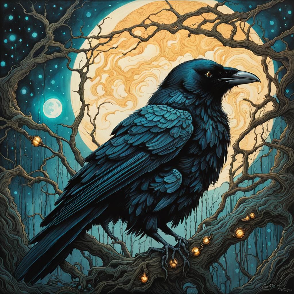 Bioluminescent Crow on Branch in Comic Book Style