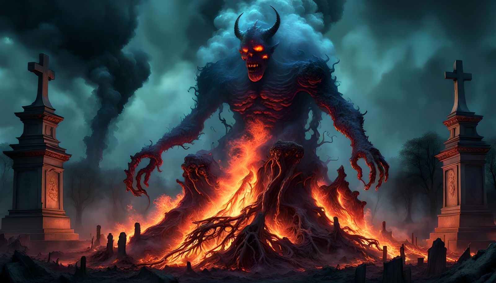 An Ancient Smoke Demon Rising Up From A Large Bonfire (Conti...