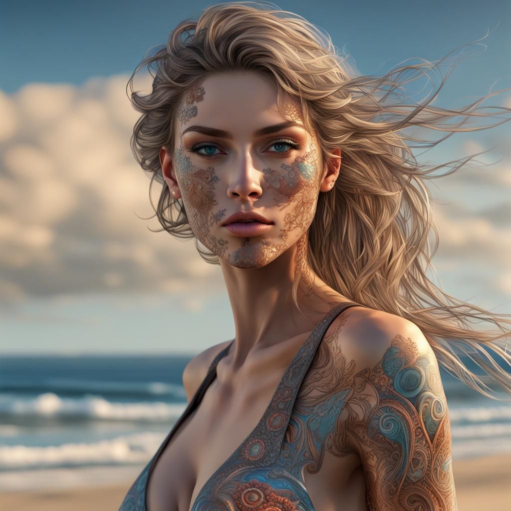 Supermodel on a Vividly Detailed Beach, Photorealistic Art
