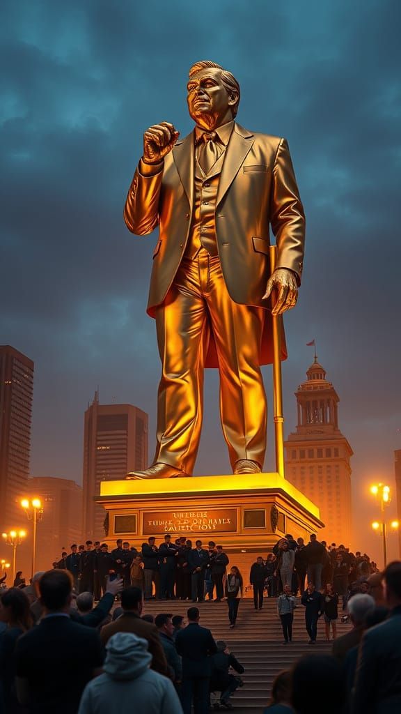 Golden Statue of Businessman Inspires Worship in Cityscape