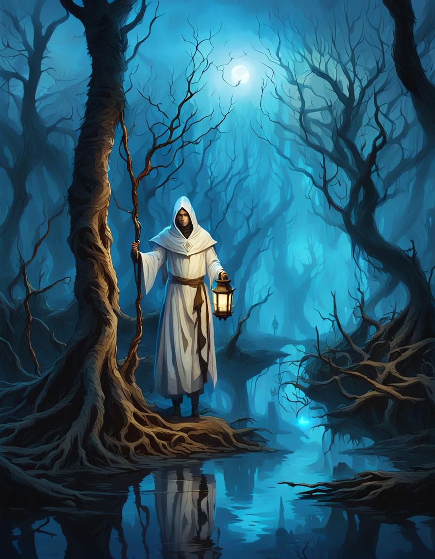 Eerie Swamp Cleric in Blue Fog, Dark Fantasy Art