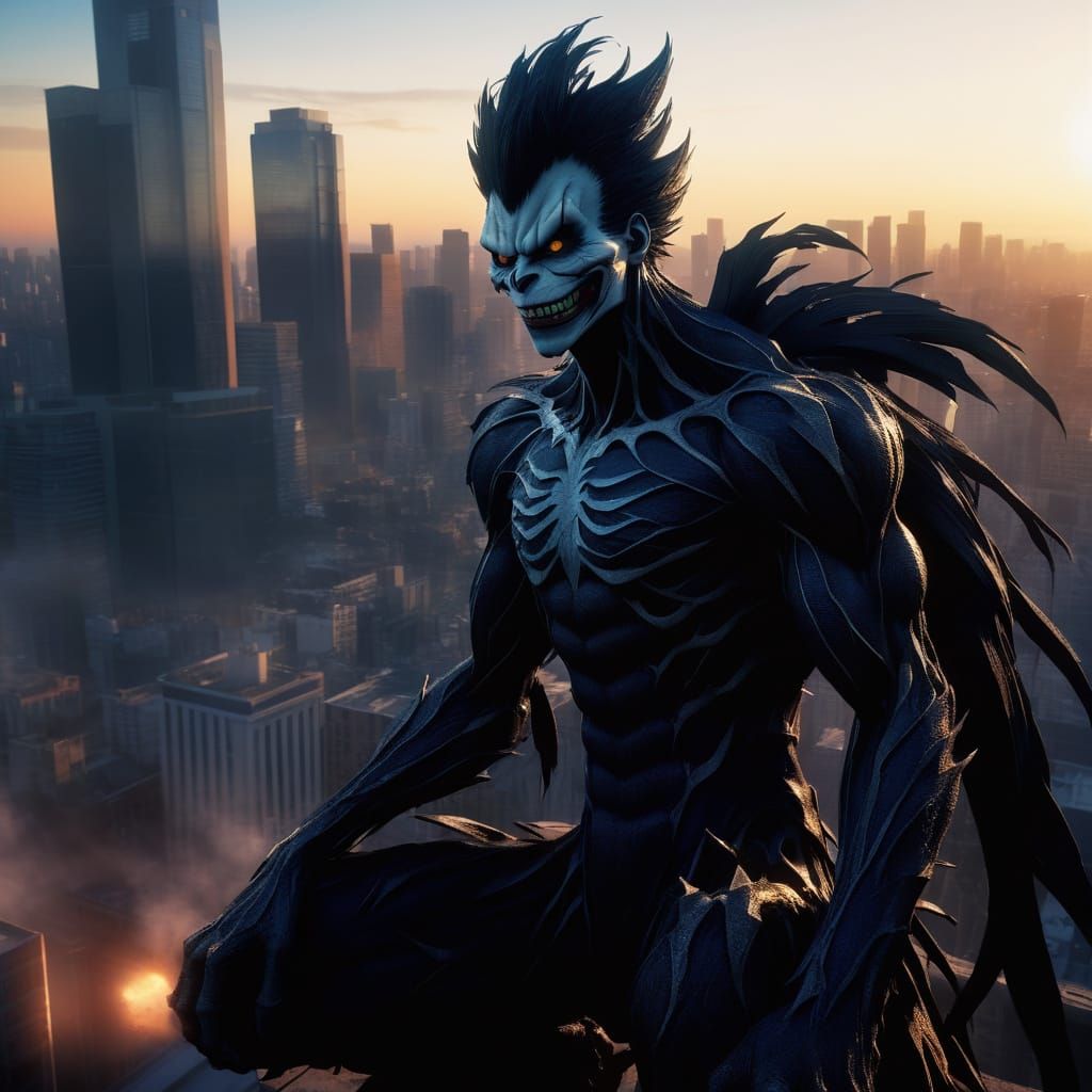 Giant Monster Ryuk Sits atop Cityscape in Vibrant Sunset Glo...