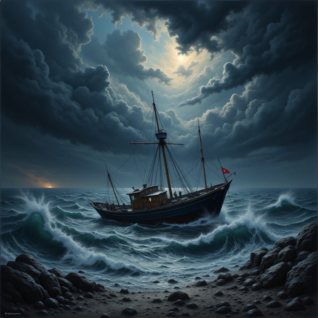 Fishing Boat Battles Stormy Seas in Hyper-Realistic Detail