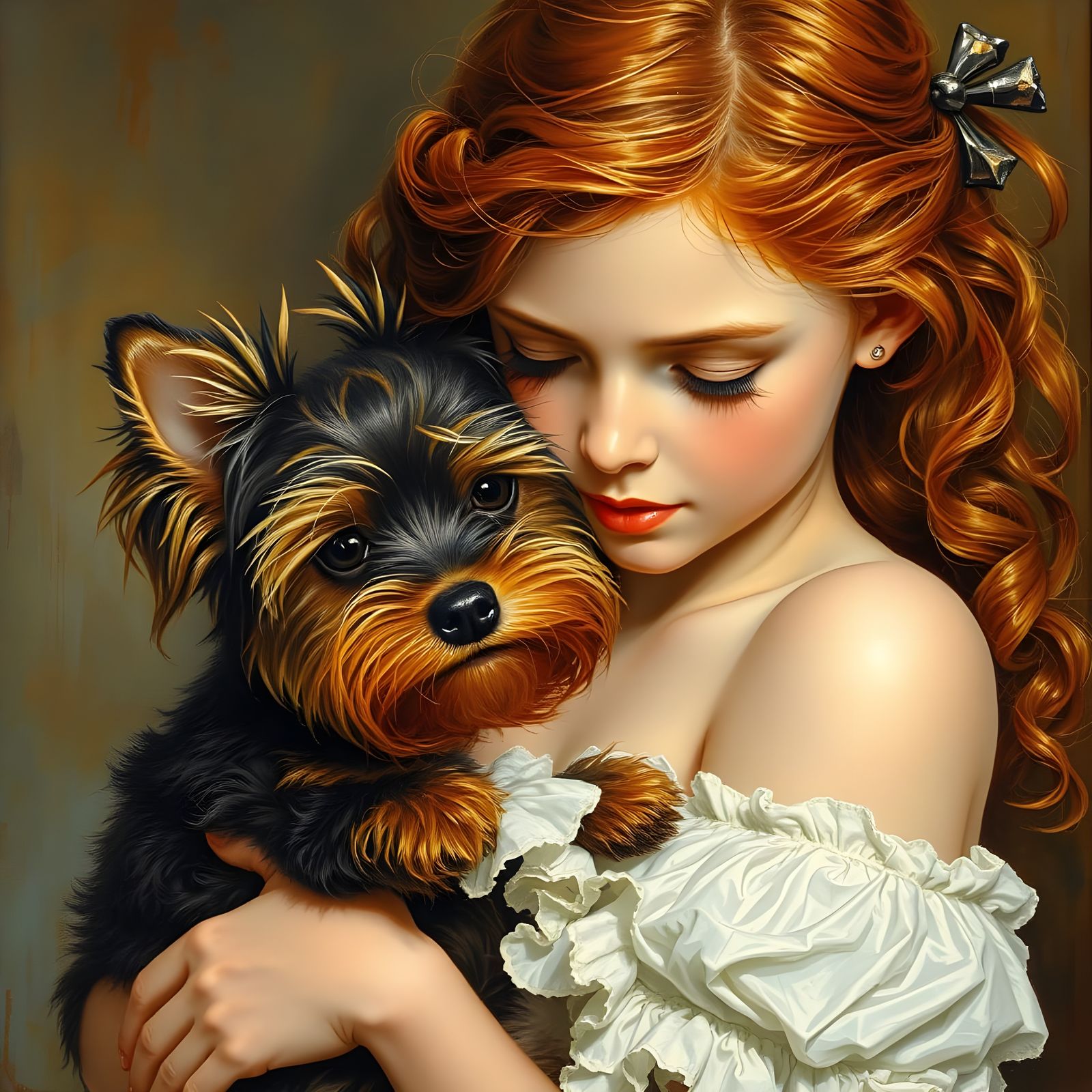 Elegant Auburn Haired Girl with Yorkie Puppy