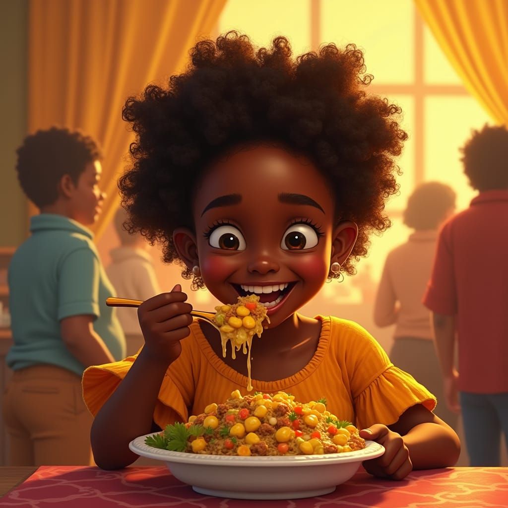 Joyful Black Teen Girl Enjoys Cornbeef and Cabbage in Vibran...