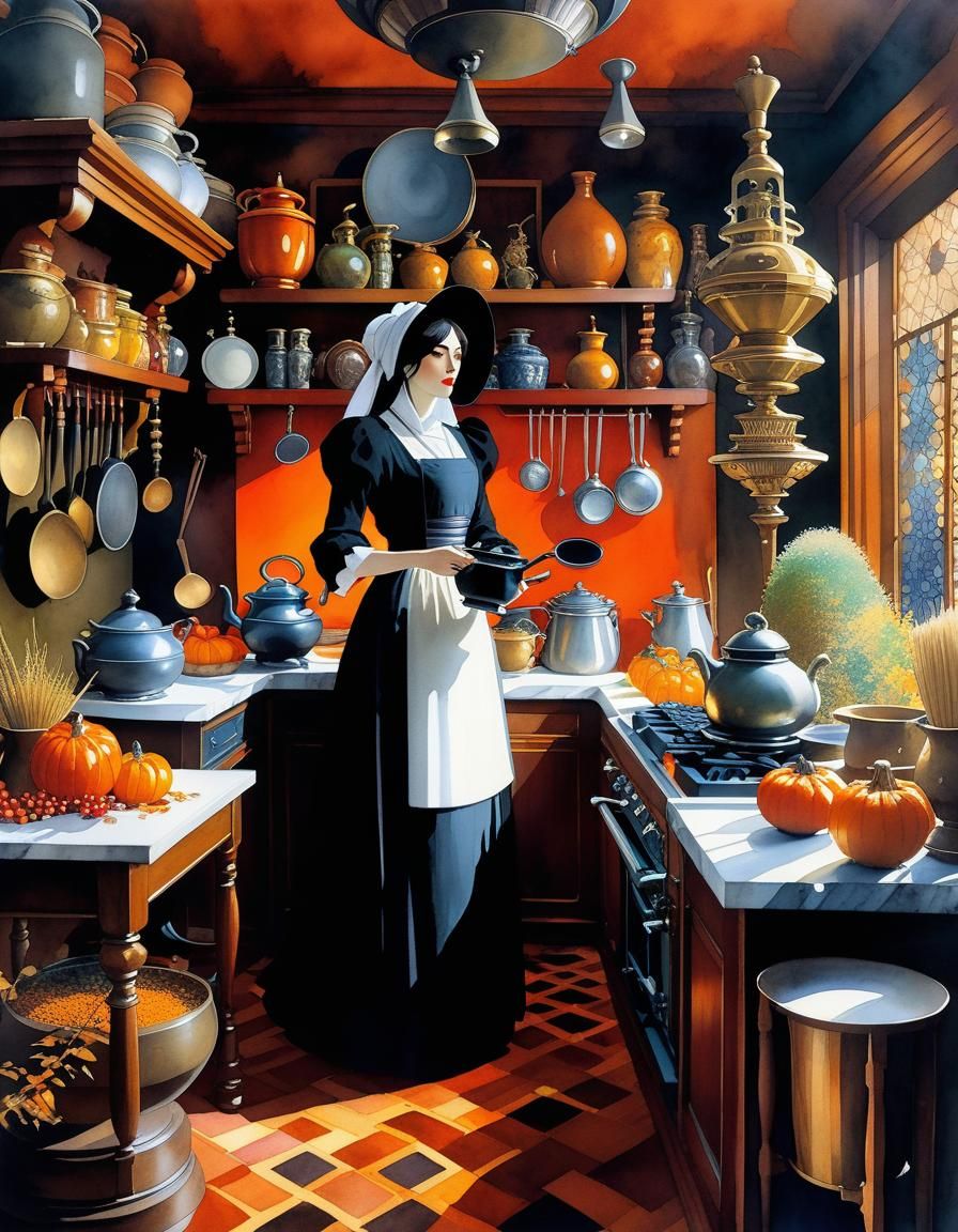 Gothic Kitchen Witch Brews Coffee, Studio Ghibli Art