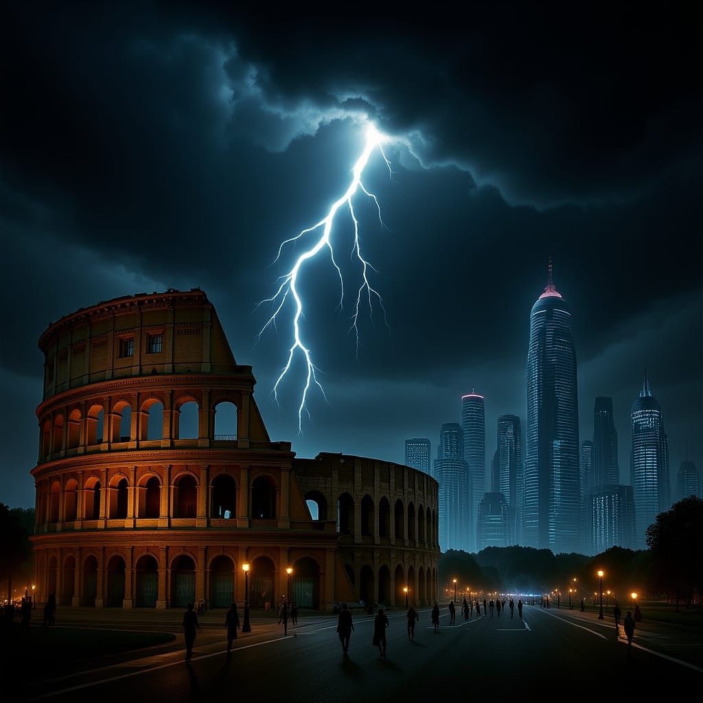 Colosseum Meets Neon Cityscape: Temporal Rift in Photorealis...