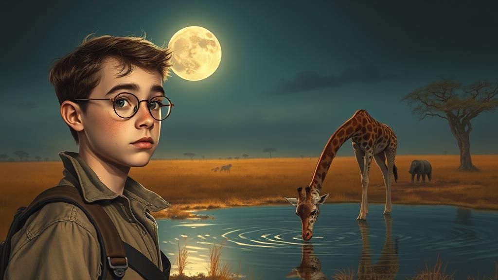 Moonlit Savannah Scene with Adventurer and Giraffe