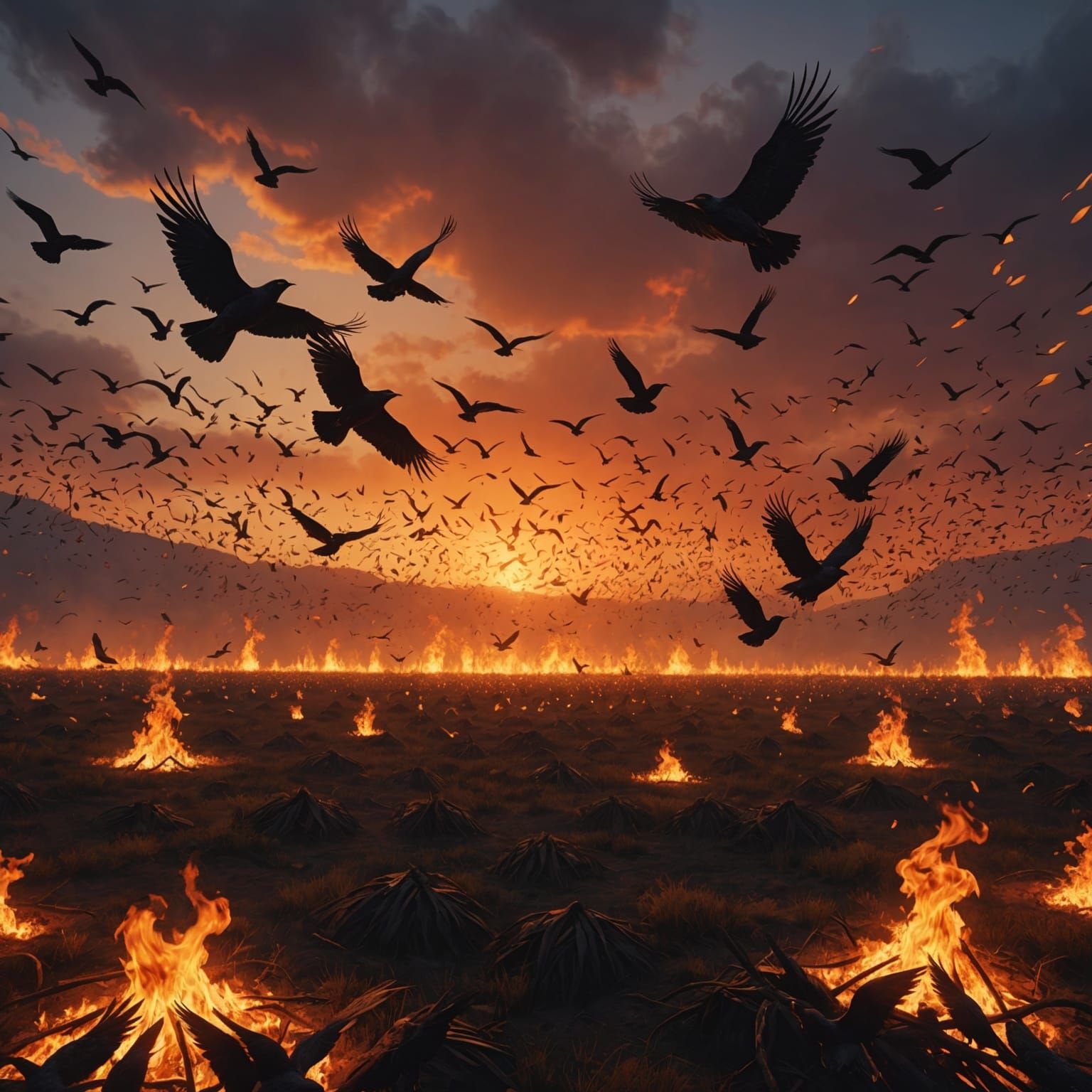 Birds Fly Over Fiery Field at Sunset