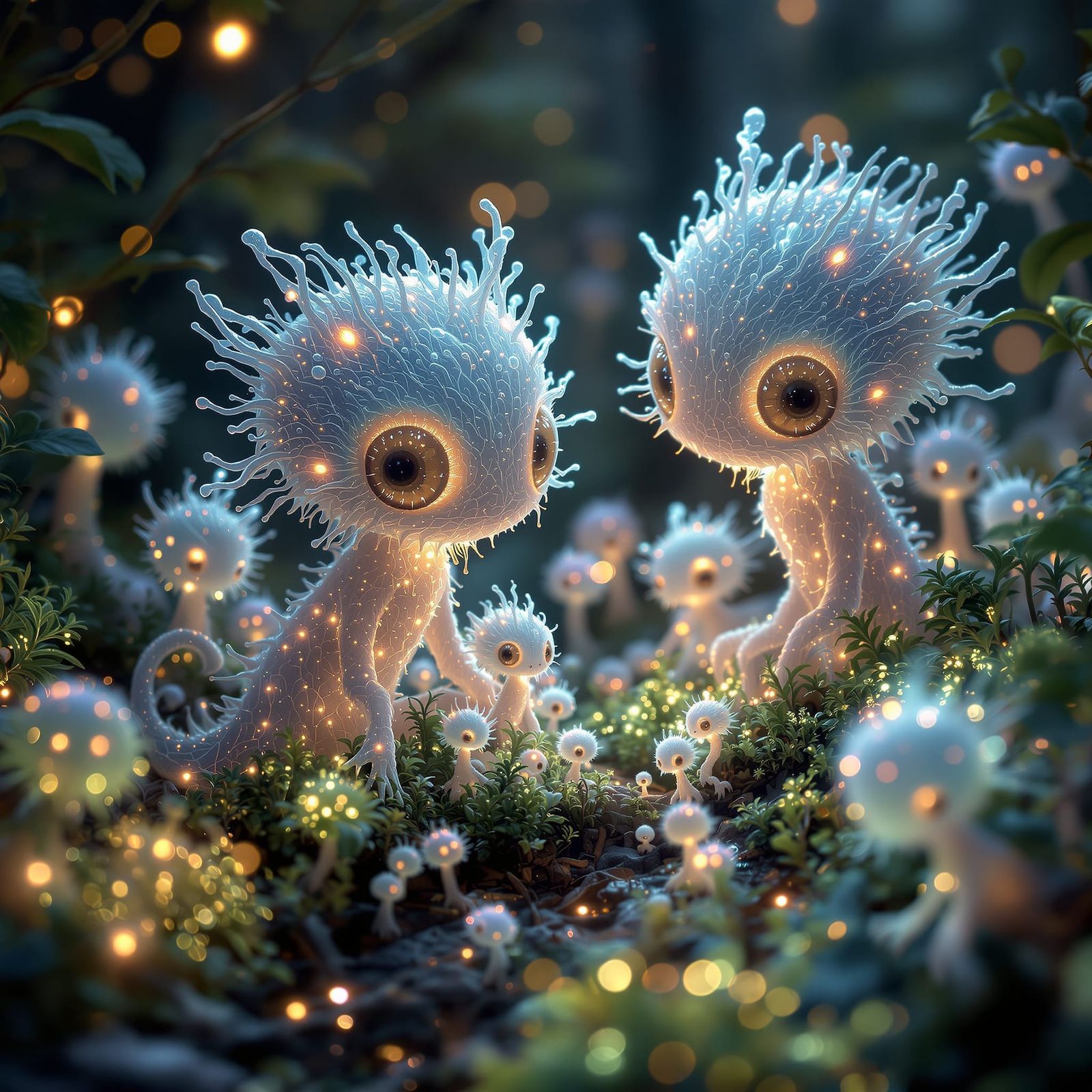 Adorable Monster Babies in Bioluminescent Forest
