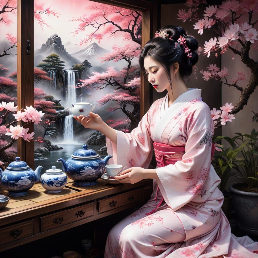 Geisha in Water Garden: Sumi-e Ink Painting